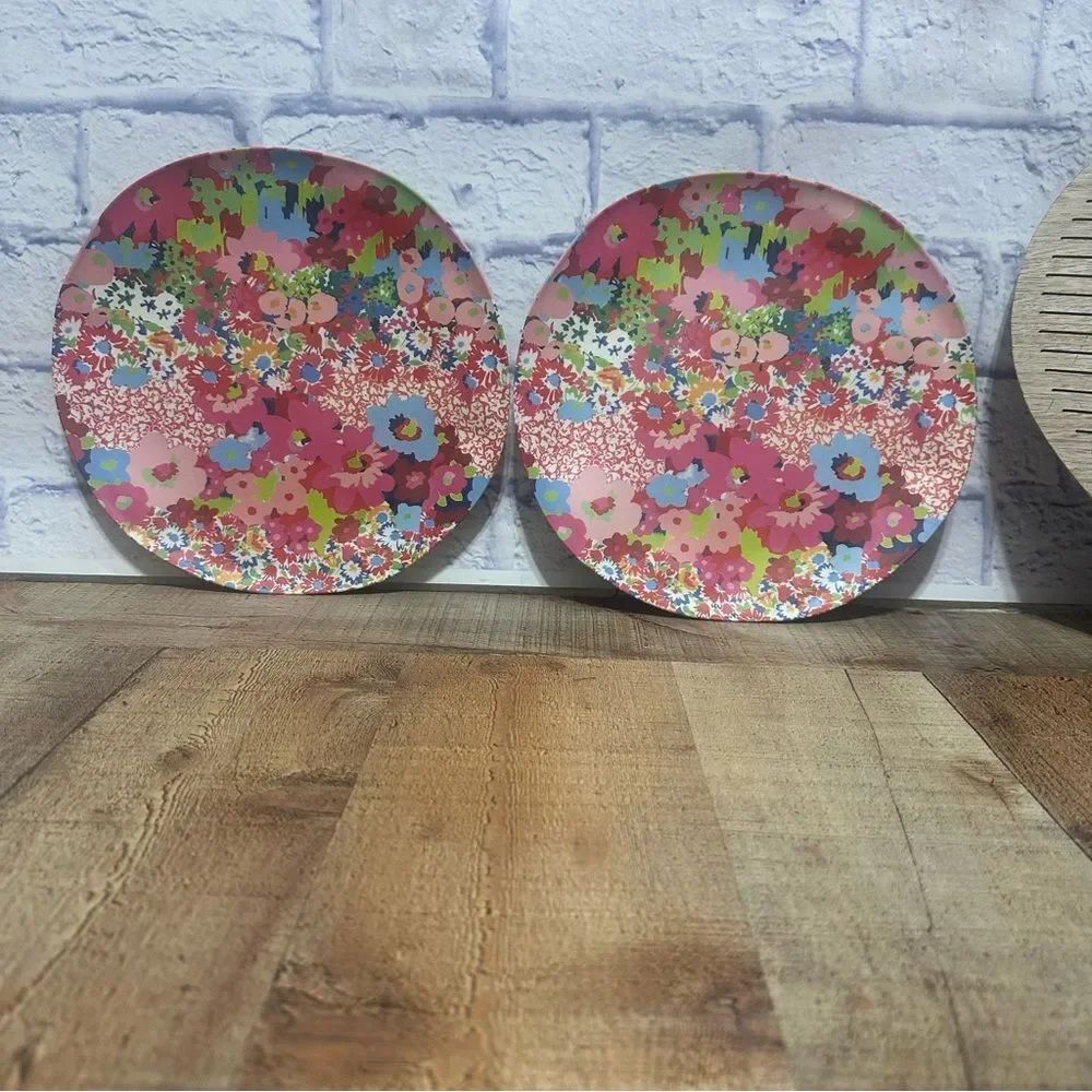 2 Sarah Campbell Anthropologie Pink Floral Bamboo Melamine 10.5” Dinner Plates